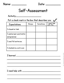 Self Assessment Worksheet For Students