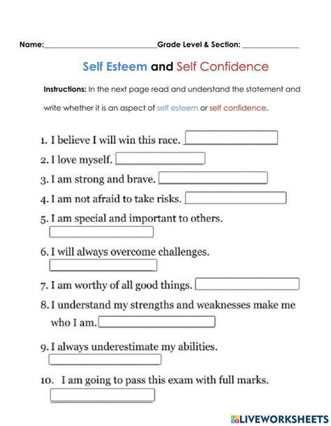 self confidence worksheet self esteem building activities