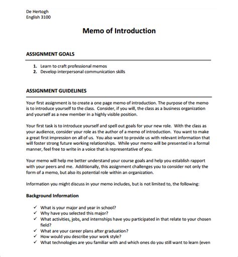 Self Introduction Memo Example