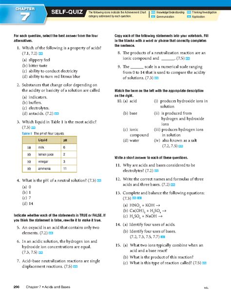 Self Quiz Chapter 8 Nelson Chemistry 12