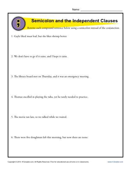 Semicolon And Independent Clauses Punctuation Worksheets Semicolon Practice Worksheet - Semicolon Practice Worksheet