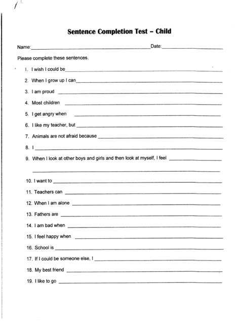 Sentence Completion Test For Children