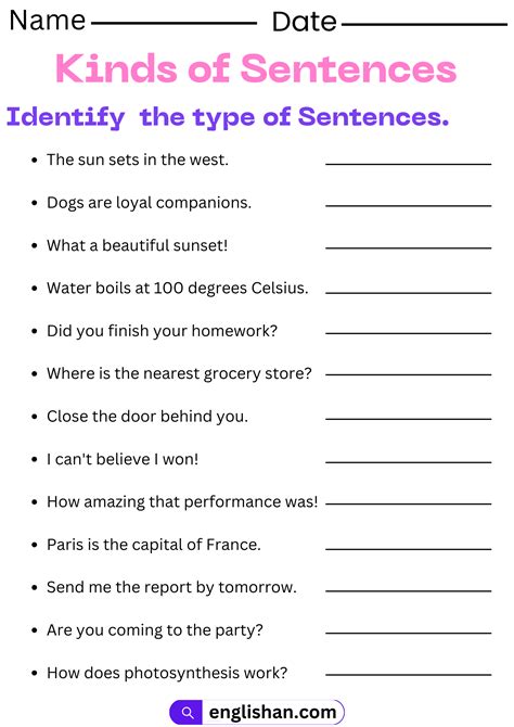 Sentences Worksheet For Class 4