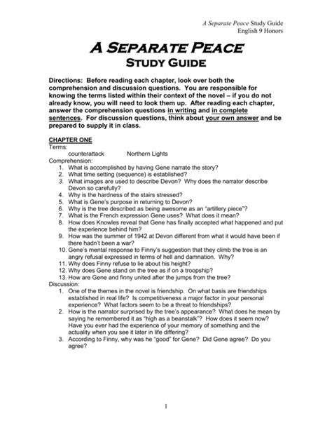 Separate Peace Study Guide Questions Answer Key