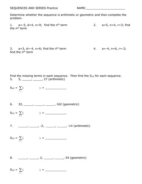 Sequence And Series Worksheet Sequences Practice Worksheet - Sequences Practice Worksheet