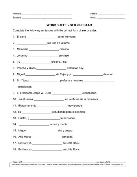 Ser Practice Worksheet   Ser Estar Worksheet - Ser Practice Worksheet