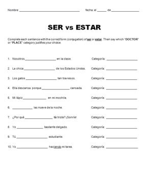 Ser Vs Estar In Spanish Task Card Activity Ser Vs Estar Practice Worksheet - Ser Vs Estar Practice Worksheet
