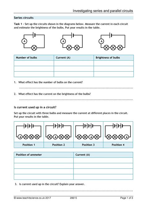 series and parallel circuits worksheets electronics