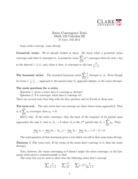 Series Convergence Tests Math 122 Calculus Iii Clark U