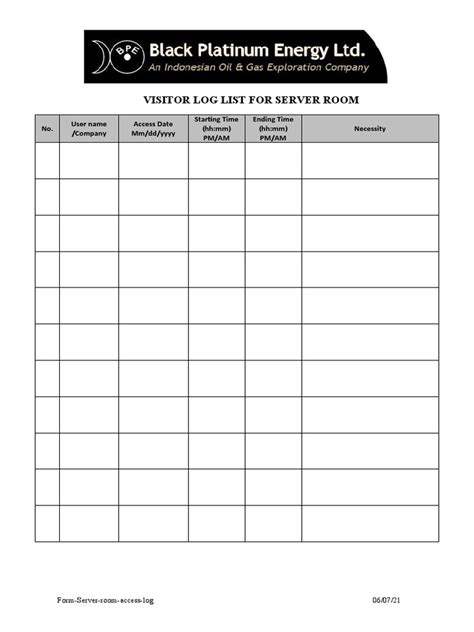 Server Room Access Log Template