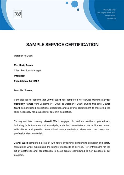 service certificate sample