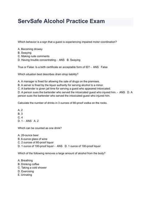 servsafe alcohol practice test answer key