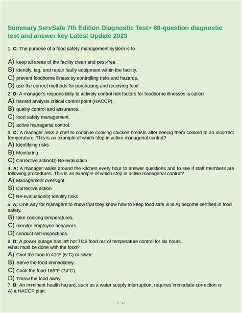 Servsafe Diagnostic 80 Question Test