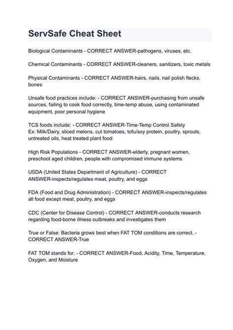 Servsafe Exam Answer Cheat Sheet