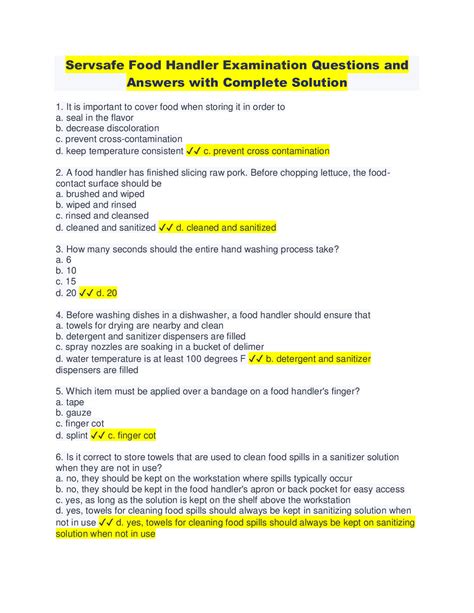 Servsafe Food Handler Test Answers