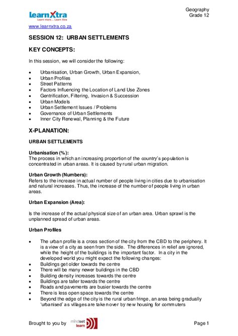 Session 12 Urban Settlements Key Concepts