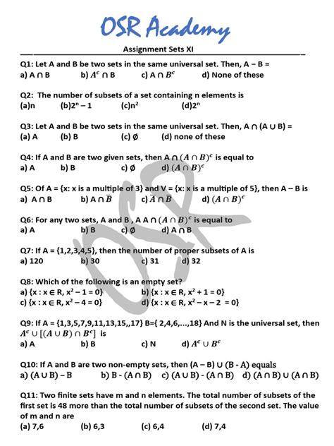 Set Theory Multiple Choice Questions With Answers