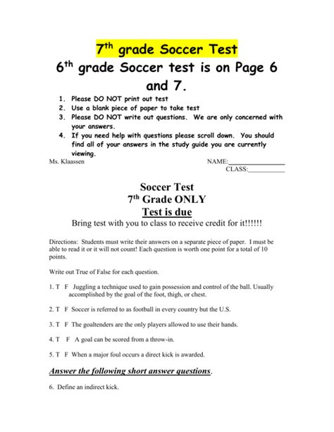 Seventh Grade Grade 7 Soccer Questions For Tests Soccer Rules Worksheet - Soccer Rules Worksheet
