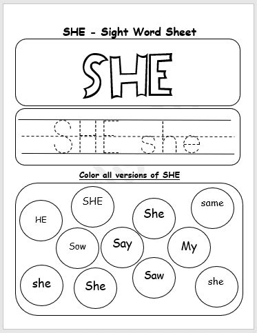 She Sight Word Worksheet   She Sight Word Detective Worksheet - She Sight Word Worksheet