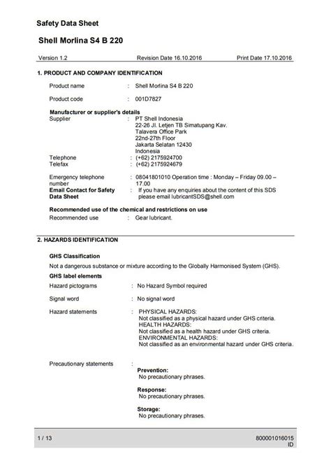 Shell Morlina 220 Msds