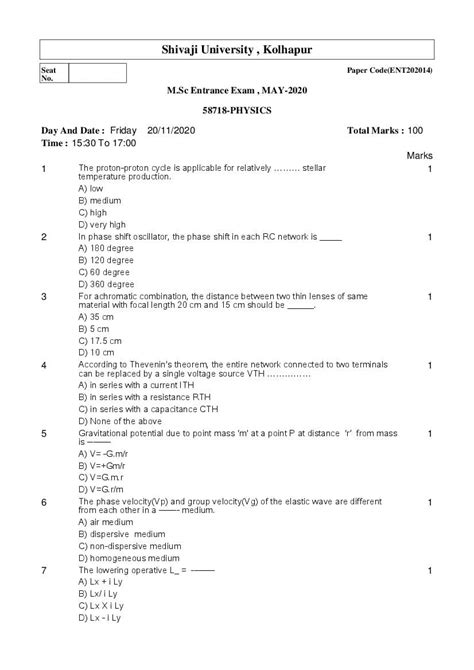 Shivaji University Engineering Physics Question Paper