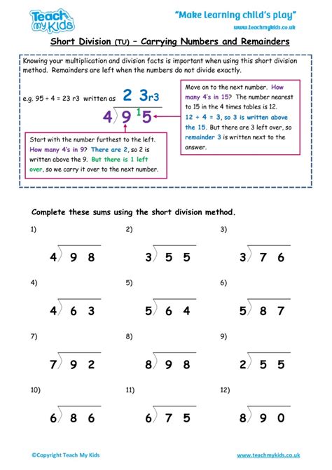 Short Division With Remainders   Division Worksheets K5 Learning - Short Division With Remainders