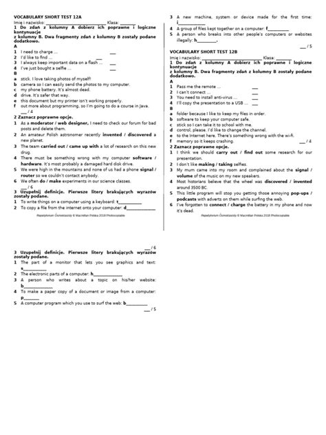 Short Test 12a Unit 12 Answer Key