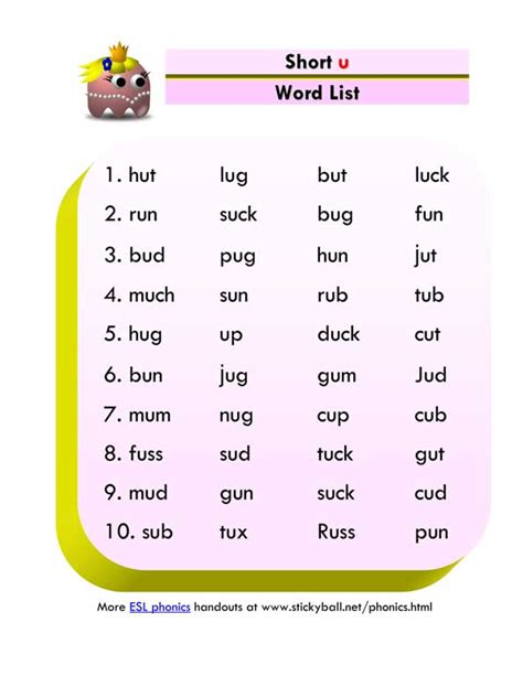 Short U Word List And Sentences Short U Words Kindergarten - Short U Words Kindergarten