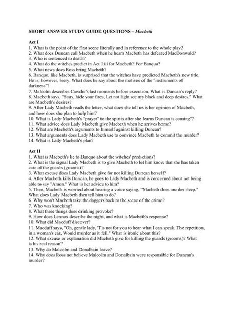 Download Short Answer Study Guide Questions Macbeth 