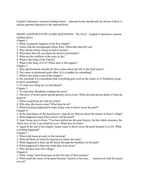 Read Short Answer Study Guide Questions The Pearl 