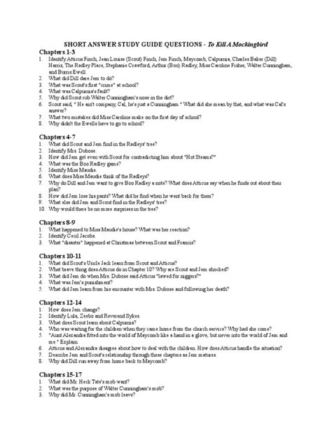 Read Short Answer Study Guide Questions To Kill A Mockingbird Key 