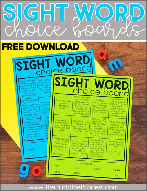Sight Words Choice Board And Activities Packet Grades Grade K Sight Words - Grade K Sight Words