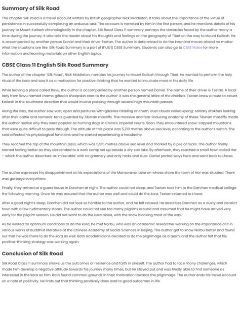 Silk Road Class 11 Summary