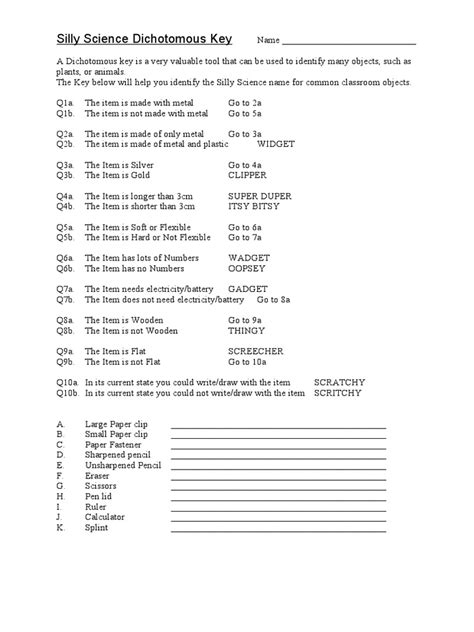 Silly Science Dichotomous Key Answer