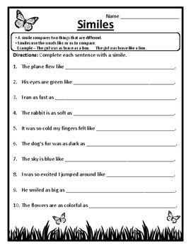Simile Assortment 4th And 5th Grade Worksheets Simile Worksheet 5th Grade - Simile Worksheet 5th Grade