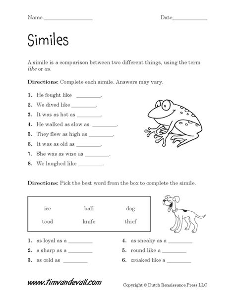Simile Exercises Worksheets Mreichert Kids Worksheets Similes Worksheet Grade 4 - Similes Worksheet Grade 4