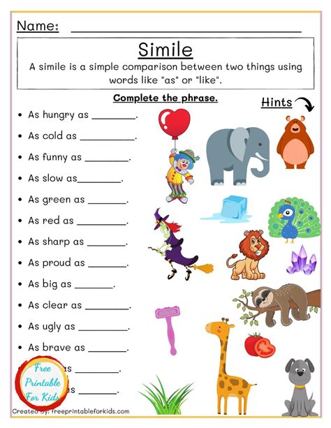 Simile For Third Grade Free Printable For Kids Similes For 3rd Grade - Similes For 3rd Grade