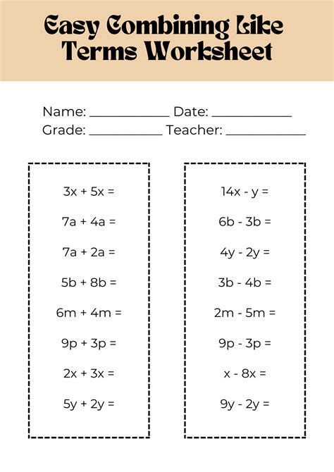 Simple Combining Like Terms Worksheet
