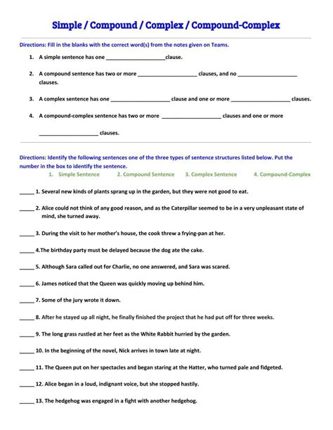 Simple Compound Complex Sentences Worksheet With Answers