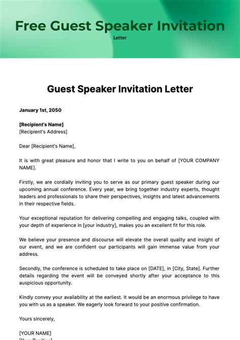 Simple Guest Speaker Invitation Letter For Church