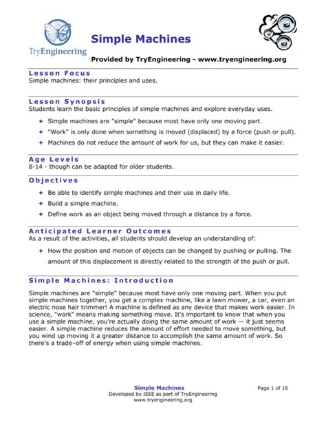 Simple Machines Tryengineering Org Powered By Ieee Simple Machines Lesson Plans - Simple Machines Lesson Plans