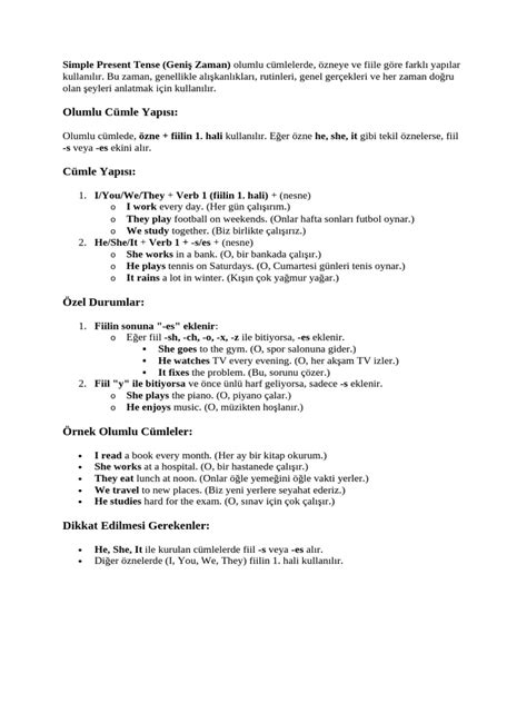 Simple Present Tense 10 Olumlu 10 Olumsuz 10 Soru Cümlesi