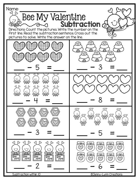 Simple Subtraction Worksheets For Kindergarten   Valentine 039 S Day Subtraction Worksheets For - Simple Subtraction Worksheets For Kindergarten
