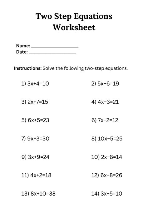 Simple Two Step Equations Worksheet