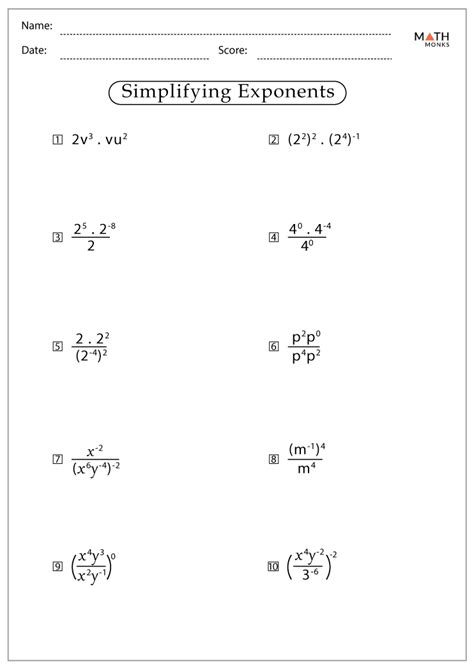 Simplifying Exponents Worksheet
