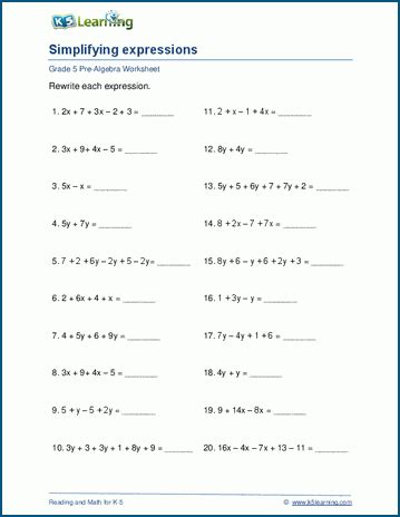 Simplifying Expressions Worksheets K5 Learning Simplification Exercises For Grade 5 - Simplification Exercises For Grade 5