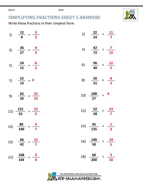 Simplifying Fractions Worksheet Math Salamanders Reducing Fractions Worksheet Answers - Reducing Fractions Worksheet Answers