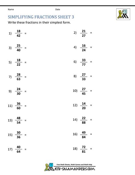 Simplifying Fractions Worksheet Math Salamanders Simplification Exercises For Grade 5 - Simplification Exercises For Grade 5