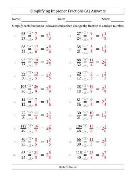 Simplifying Improper Fractions To Lowest Terms Easier Questions Reducing Improper Fractions Worksheet - Reducing Improper Fractions Worksheet