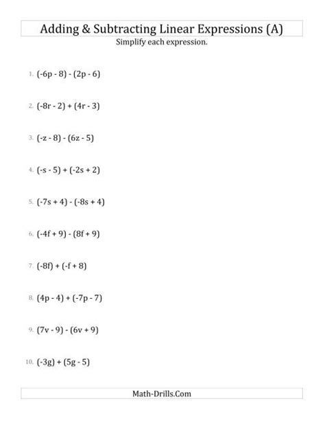 Simplifying Linear Expressions Worksheet Subtract Linear Expressions Worksheet - Subtract Linear Expressions Worksheet